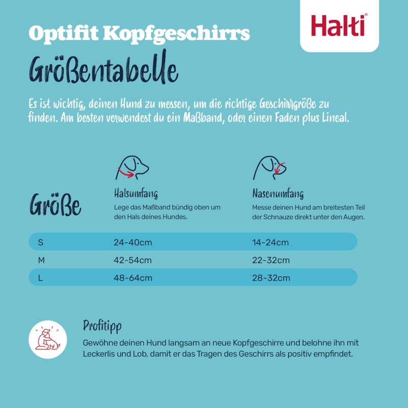 Größentabelle für Optifit Kopfgeschirr von Halti. Halsumfang: S 24-40cm, M 42-54cm, L 48-64cm. Nasenumfang: S 14-24cm, M 22-32cm, L 28-32cm. Profitipp zur Eingewöhnung des Geschirrs.