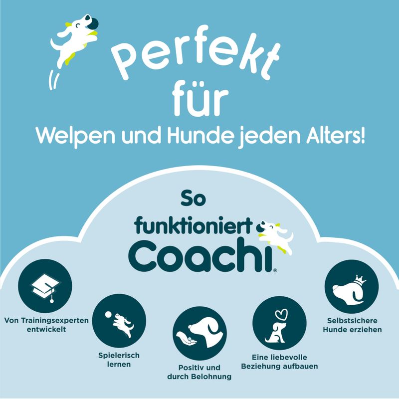 Perfekt für Welpen und Hunde jeden Alters. So funktioniert Coachi: Von Trainingsexperten entwickelt, spielerisch lernen, positiv durch Belohnung, liebevolle Beziehung aufbauen, selbstsichere Hunde erziehen.
