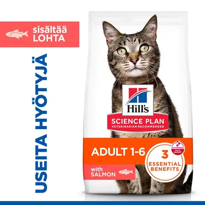 Hill's Science Plan Adult 1-6 lohella, 3 olennaista hyötyä, sisältää lohta. Teksti: USEITA HYÖTYJÄ.