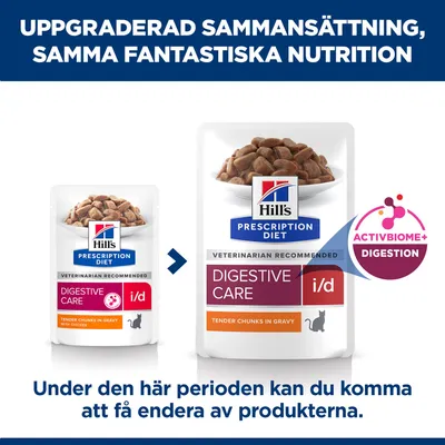 Hill's Prescription Diet Digestive Care i/d med mjuka bitar i sås, ny sammansättning med ActivBiome+ Digestion. Förpackningsbyte möjligt.