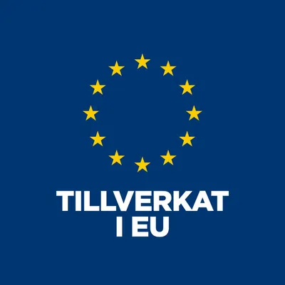 Tillverkat i EU, omgiven av gula stjärnor på blå bakgrund
