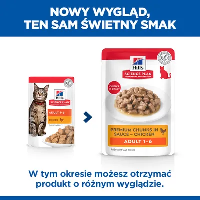 Hill's Science Plan Adult 1-6 Chicken karma dla kotów, informacja o nowym wzornictwie opakowania, produkt może być dostarczony w różnym wyglądzie. Hill's Science Plan Adult 1-6 Chicken karma dla kotów, informacja o nowym wzornictwie opakowania, produkt może być dostarczony w różnym wyglądzie.