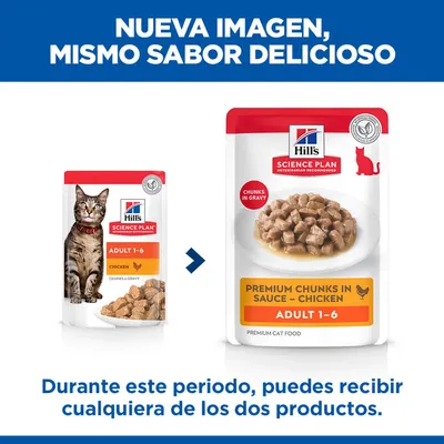Hill's Science Plan Adult 1-6 Pollo Trozos en Salsa Comida para Gatos, Nota: Nuevo envase, durante la transición ambos diseños son posibles.