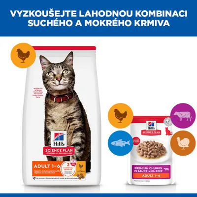 Hill's Science Plan Adult 1-6 krmivo pro kočky, suché a vlhké krmivo, příchutě kuře a hovězí, viditelné symboly pro kuře, hovězí, rybu a krůtu. Hill's Science Plan Adult 1-6 krmivo pro kočky, suché a vlhké krmivo, příchutě kuře a hovězí, viditelné symboly pro kuře, hovězí, rybu a krůtu.