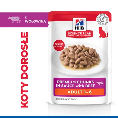 Hill's Science Plan Premium kawałki w sosie z wołowiną, Adult 1-6, kawałki w gravy, z wołowiną, premium karma dla kotów, dla dorosłych kotów. Hill's Science Plan Premium kawałki w sosie z wołowiną, Adult 1-6, kawałki w gravy, z wołowiną, premium karma dla kotów, dla dorosłych kotów.