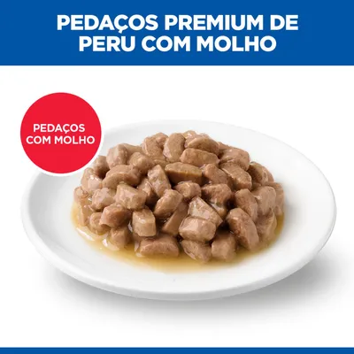 Prato com pedaços premium de peru em molho. Texto: Pedaços premium de peru com molho, pedaços com molho.