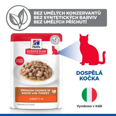 Hill's Science Plan Premium kousky v omáčce s krůtím masem Adult 1-6, bez umělých konzervačních látek, barviv a aromat, vyrobeno v Itálii, pro dospělé kočky. Hill's Science Plan Premium kousky v omáčce s krůtím masem Adult 1-6, bez umělých konzervačních látek, barviv a aromat, vyrobeno v Itálii, pro dospělé kočky.