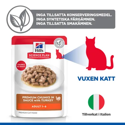 Hill's Science Plan Premiumbitar i sås med kalkon, Adult 1-6. Inga tillsatta konserveringsmedel, färgämnen eller smakämnen. Tillverkad i Italien. Hill's Science Plan Premiumbitar i sås med kalkon, Adult 1-6. Inga tillsatta konserveringsmedel, färgämnen eller smakämnen. Tillverkad i Italien.