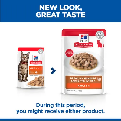 Hill's Science Plan Adult 1-6 Cat Food with Turkey: old and new packaging design. During the transition, either of the two packages may be delivered. Hill's Science Plan Adult 1-6 Cat Food with Turkey: old and new packaging design. During the transition, either of the two packages may be delivered.