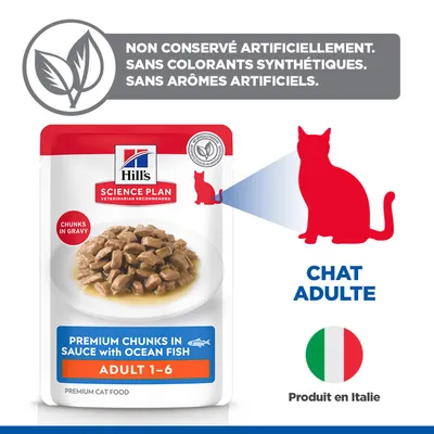 Hill's Science Plan Premium Bouchées en Sauce au Poisson de l'Océan Adulte 1-6, sans conservateurs, colorants ou arômes artificiels. Pour chats adultes. Fabriqué en Italie. Hill's Science Plan Premium Bouchées en Sauce au Poisson de l'Océan Adulte 1-6, sans conservateurs, colorants ou arômes artificiels. Pour chats adultes. Fabriqué en Italie.
