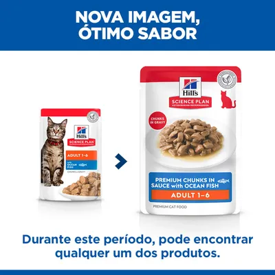 Hill's Science Plan Adult 1-6 comida para gatos com peixe do oceano, alteração de embalagem: imagem do design antigo e novo lado a lado.