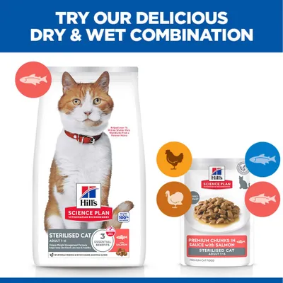 Hills Science Plan Sterilised Cat Adult 1-6 Dry and Wet Food, with Salmon. Premium Chunks in Gravy with Salmon. Suitable for sterilised cats. Hills Science Plan Sterilised Cat Adult 1-6 Dry and Wet Food, with Salmon. Premium Chunks in Gravy with Salmon. Suitable for sterilised cats.