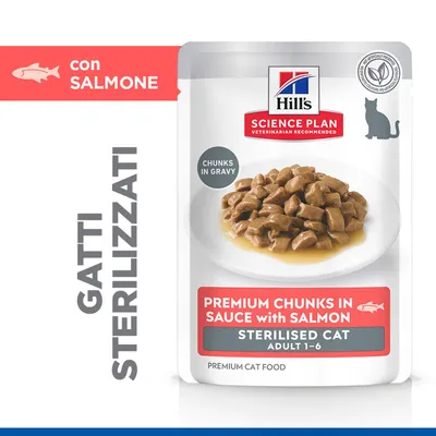 Hill's Science Plan Premium Bocconcini in Salsa con Salmone, gatto sterilizzato adulto 1-6, Bocconcini in Salsa, Gatti Sterilizzati, Cibo Premium per Gatti. Hill's Science Plan Premium Bocconcini in Salsa con Salmone, gatto sterilizzato adulto 1-6, Bocconcini in Salsa, Gatti Sterilizzati, Cibo Premium per Gatti.