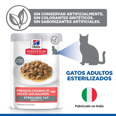 Hill's Science Plan Trozos Premium en Salsa con Salmón para gatos adultos esterilizados, sin conservantes, colorantes ni aromas artificiales, elaborado en Italia.