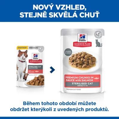 Hill's Science Plan Sterilised Cat s lososom, obrázok zobrazuje starý a nový dizajn balenia. Počas akčného obdobia dostanete jednu z vyobrazených variant.