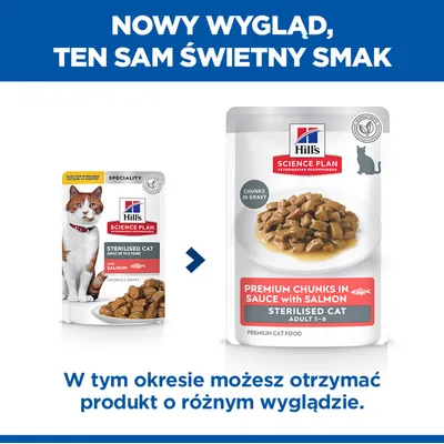 Hill's Science Plan Sterilised Cat z łososiem, nowe i stare opakowanie obok siebie. Uwaga: produkt może być dostarczony w różnym wzornictwie opakowania. Hill's Science Plan Sterilised Cat z łososiem, nowe i stare opakowanie obok siebie. Uwaga: produkt może być dostarczony w różnym wzornictwie opakowania.