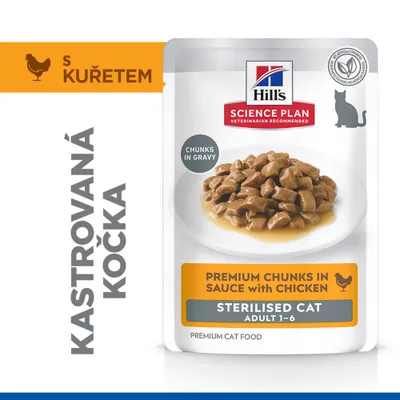 Hill's Science Plan Premium kúsky v omáčke s kuracím mäsom, Sterilised Cat Adult 1-6, kúsky v šťave, pre kastrované mačky