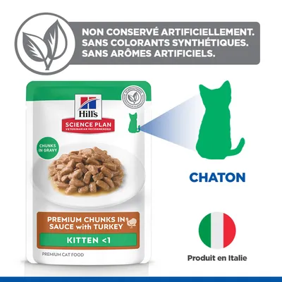 Hill's Science Plan Premium Bouchées en Sauce à la Dinde pour Chaton <1. Non conservé artificiellement, sans colorants ni arômes synthétiques. Fabriqué en Italie. Hill's Science Plan Premium Bouchées en Sauce à la Dinde pour Chaton <1. Non conservé artificiellement, sans colorants ni arômes synthétiques. Fabriqué en Italie.