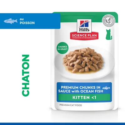 Hill's Science Plan Bouchées Premium en Sauce avec Poisson de l'Océan, Bouchées en Sauce, Chaton <1, Chaton, Aliment Premium pour Chat, au Poisson Hill's Science Plan Bouchées Premium en Sauce avec Poisson de l'Océan, Bouchées en Sauce, Chaton <1, Chaton, Aliment Premium pour Chat, au Poisson