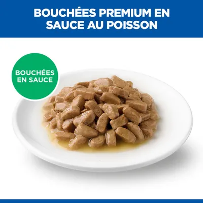 Bouchées Premium en sauce avec poisson, servies sur une assiette blanche. Texte : Bouchées en sauce. Bouchées Premium en sauce avec poisson, servies sur une assiette blanche. Texte : Bouchées en sauce.