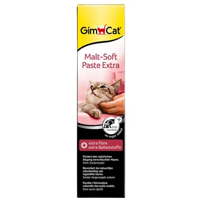 Malt-Soft Paste Extra with anti-hairball formula, extra fibre, no sugar added. Promotes natural elimination of swallowed hair. Text in multiple languages.