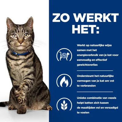 Infographic: Product ondersteunt het natuurlijke energieverbruik en de vetverbranding bij katten, helpt dankzij een unieke vezelcombinatie het verzadigingsgevoel tussen de maaltijden te bevorderen.