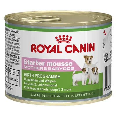 Royal Canin Starter mousse Mother & Babydog, Birth Programme, blik met afbeelding van drie puppy's. Tekst in Duits en Frans: voor teven en pups tot 2 maanden. Canine Health Nutrition.