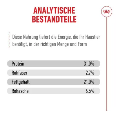 Analytische Bestandteile: Protein 31,0%, Rohfaser 2,7%, Fettgehalt 21,0%, Rohasche 6,5%. Diese Nahrung liefert Energie in der richtigen Menge und Form. Analytische Bestandteile: Protein 31,0%, Rohfaser 2,7%, Fettgehalt 21,0%, Rohasche 6,5%. Diese Nahrung liefert Energie in der richtigen Menge und Form.