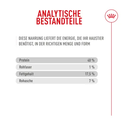 Analytische Bestandteile: Protein 40 %, Rohfaser 1 %, Fettgehalt 17,5 %, Rohasche 7 %. Diese Nahrung liefert Energie in der richtigen Menge und Form. Analytische Bestandteile: Protein 40 %, Rohfaser 1 %, Fettgehalt 17,5 %, Rohasche 7 %. Diese Nahrung liefert Energie in der richtigen Menge und Form.