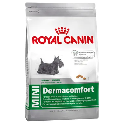 Pachet hrană uscată Royal Canin Mini Dermacomfort pentru câini de talie mică, text vizibil: Reduced allergen formula, Small Dogs (all dogs up to 10kg), MINI Dermacomfort.