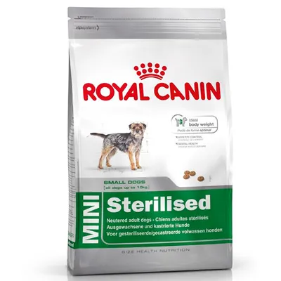 Pachet hrană uscată Royal Canin MINI Sterilised pentru câini de talie mică, text vizibil: Ideal body weight, Small dogs (all dogs up to 10kg), Sterilised, imagine câine și crochete.