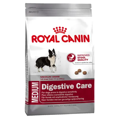 Pachet hrană uscată Royal Canin Digestive Care pentru câini de talie medie 11–25 kg, text vizibil: Improves stool quality, Medium Dogs, Digestive Care, imagine câine și crochete.
