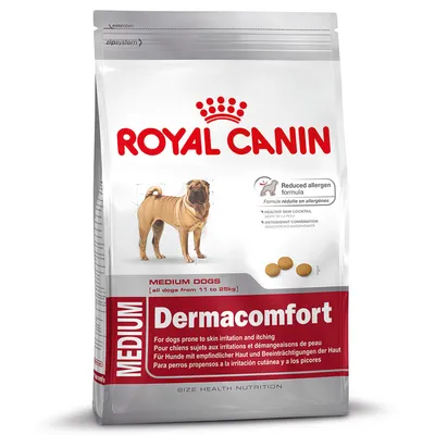 Pachet hrană uscată pentru câini Royal Canin Dermacomfort Medium, pentru câini de talie medie 11–25 kg. Text vizibil: Reduced allergen formula, Dermacomfort, Medium Dogs.