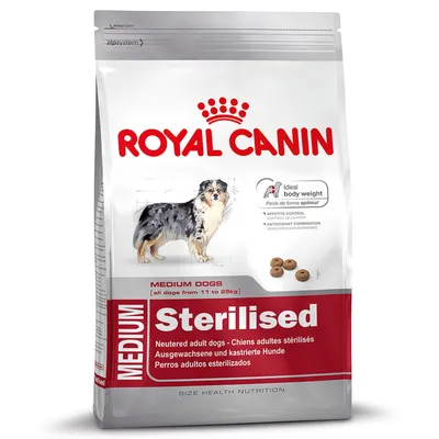Pungă Royal Canin Medium Sterilised pentru câini adulți sterilizați, 11–25 kg. Text vizibil: Ideal body weight, control de apetit, combinație antioxidanți. Imagine cu crochete.