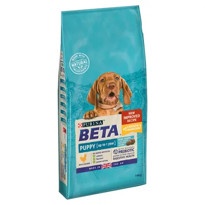 Bag showing Beta Puppy up to 1 year, new improved recipe, chicken is number one ingredient, no added artificial colours, flavours or preservatives, with natural prebiotic for digestive health.