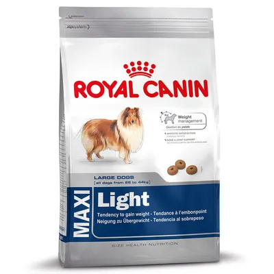Pachet hrană uscată ROYAL CANIN MAXI Light pentru câini mari 26–44 kg. Text vizibil: Weight management, Large dogs, Light, Tendency to gain weight. Imagine cu un câine și crochete.