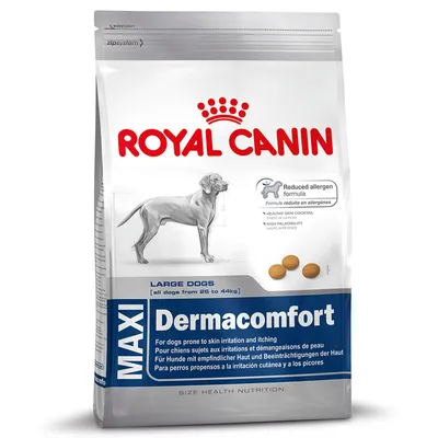 Hrană uscată pentru câini Royal Canin Maxi Dermacomfort, pentru câini mari 26–44 kg. Text vizibil: Reduced allergen formula, Large Dogs, MAXI Dermacomfort.