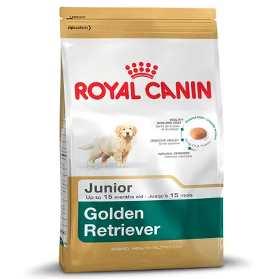 Royal Canin Golden Retriever Junior hondenvoer, tot 15 maanden. Tekst: Healthy skin and coat, Digestive health, Natural defences. Afbeelding van een jonge Golden Retriever op de verpakking.