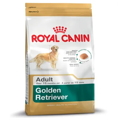 Royal Canin Adult Golden Retriever hondenvoer, geschikt voor honden ouder dan 15 maanden. Tekst: Healthy skin and coat, healthy cardiac function, ideal weight. Afbeelding van brokjes.