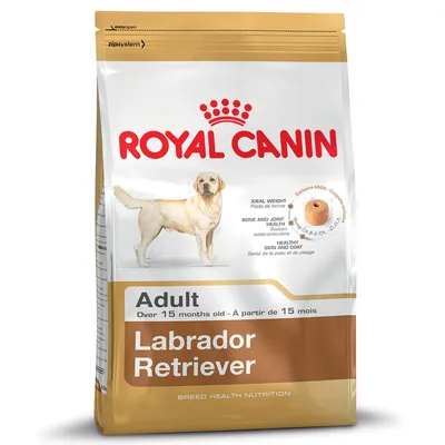 Zak Royal Canin Adult Labrador Retriever hondenvoer, afbeelding van een labrador, tekst: ideal weight, bone and joint health, healthy skin and coat. Voor honden ouder dan 15 maanden.