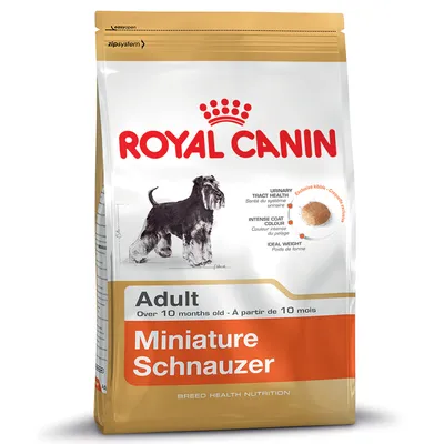 Royal Canin Adult Miniature Schnauzer hondenvoer, geschikt voor honden ouder dan 10 maanden. Tekst: urinary tract health, intense coat colour, ideal weight. Afbeelding van een schnauzer.
