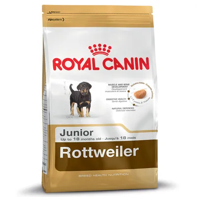 Royal Canin Junior Rottweiler hondenvoer, tot 18 maanden. Tekst: spier- en botontwikkeling, spijsvertering, natuurlijke afweer, exclusieve brok. Afbeelding van een jonge Rottweiler.