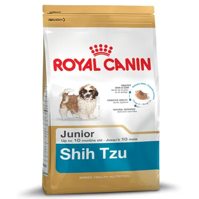 Royal Canin Junior Shih Tzu food for up to 10 months old, highlights healthy skin and coat, digestive health, natural defences, and exclusive kibble shape.