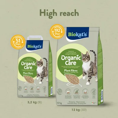 Biokat's Organic Care növényi rostos macskaalom, 3,2 kg, 51 napra és 12 kg, 192 napra. Természetes, biológiailag lebomló, csomósodó, növényi rostokból.