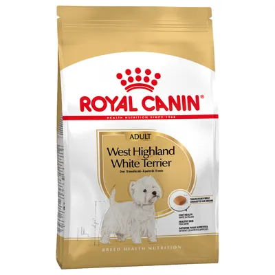 Sac de croquettes Royal Canin Adult West Highland White Terrier, à partir de 10 mois, illustration d’un chien blanc et texte en anglais sur la santé du pelage et l’appétit difficile.