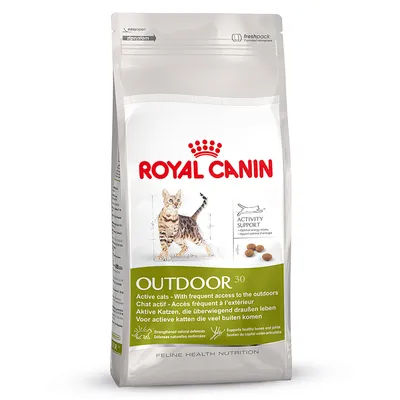 Royal Canin Outdoor 30 dry food for active cats, activity support, strengthened natural defences, supports healthy bones and joints. For cats with frequent outdoor access.