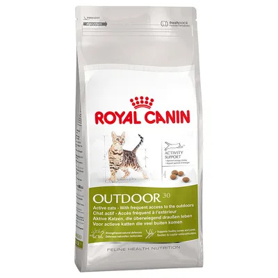 Royal Canin Outdoor 30, pienso para gatos activos. Texto visible: Activity Support, Outdoor 30, strengthened natural defences, supports healthy bones and joints. Imagen de un gato.