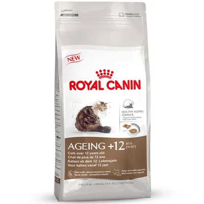 Royal Canin Ageing +12 years, supports healthy ageing and renal health, suitable for cats over 12 years old, helps stimulate appetite, visible feeding guide and product features.