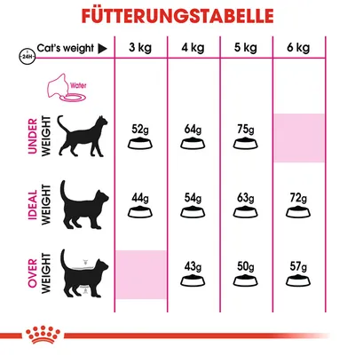 Fütterungstabelle für Katzen nach Gewicht: Untergewicht 3kg 52g, Idealgewicht 3kg 44g, Übergewicht 3kg 43g. Angaben bis 6kg. Wasser empfohlen.