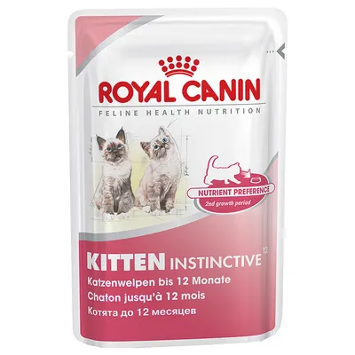 Royal Canin Kitten Instinctive natvoer, verpakking met twee kittens, tekst: 'Katzenwelpen bis 12 Monate', 'Nutrient Preference', geschikt voor kittens tot 12 maanden.